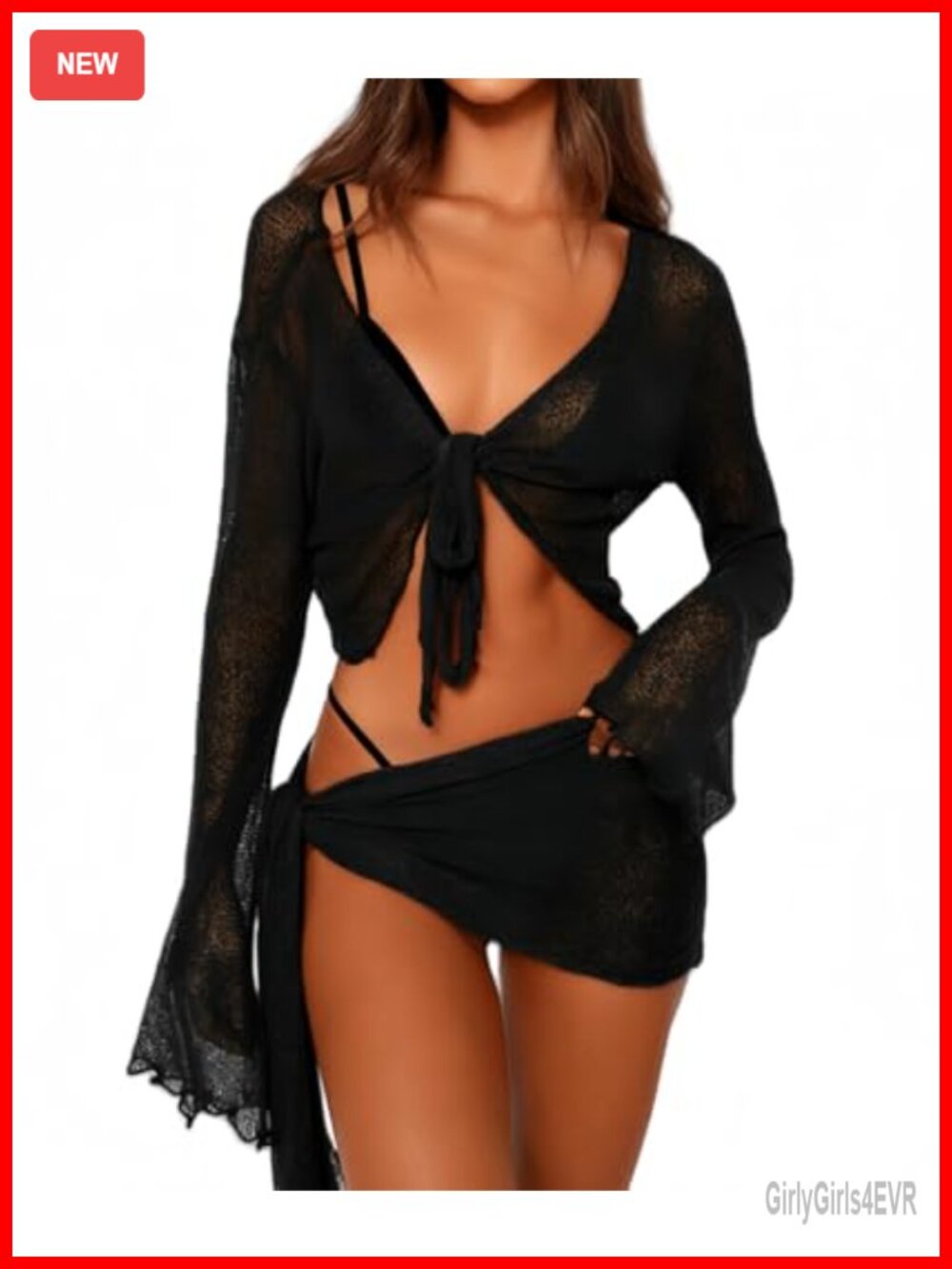 Women's 2 Piece Mesh Long Sleeve Crop Top and Mini Skirt Set